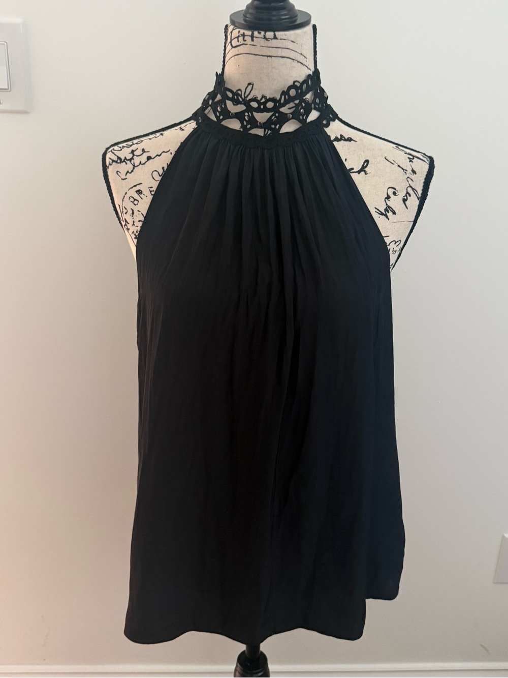 Ramy Brook Black Satin Halter Top with Studded Lace Neckline s. AM